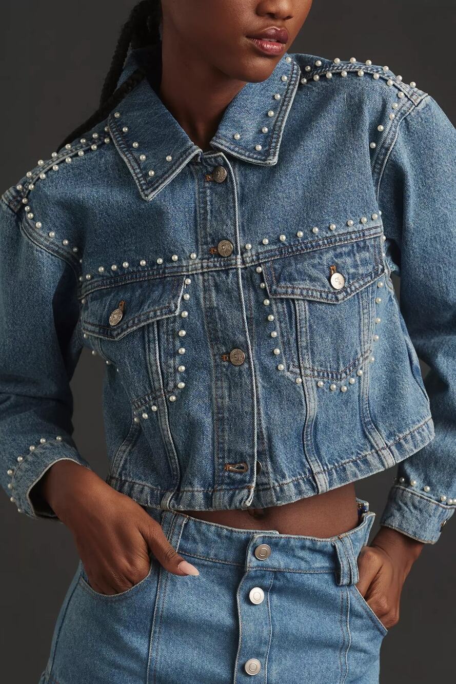 Pilcro Anthropologie Pearl Embroidered Denim Jacket size XS